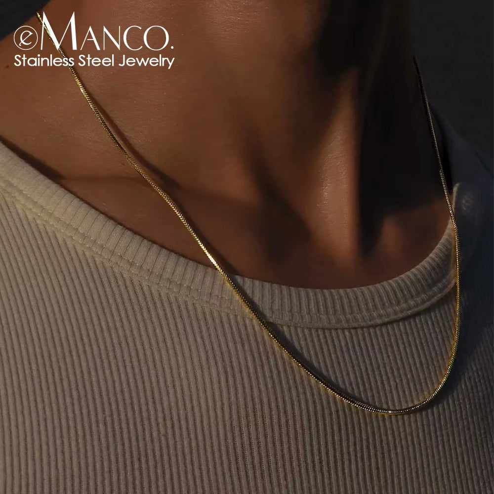Emanco Minimalist Waterproof Chain Necklace PVD Plating 316L Stainless Steel 18K Gold Plated round Snake Chain Necklace for Men