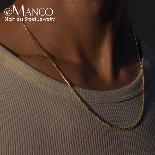 Emanco Minimalist Waterproof Chain Necklace PVD Plating 316L Stainless Steel 18K Gold Plated round Snake Chain Necklace for Men